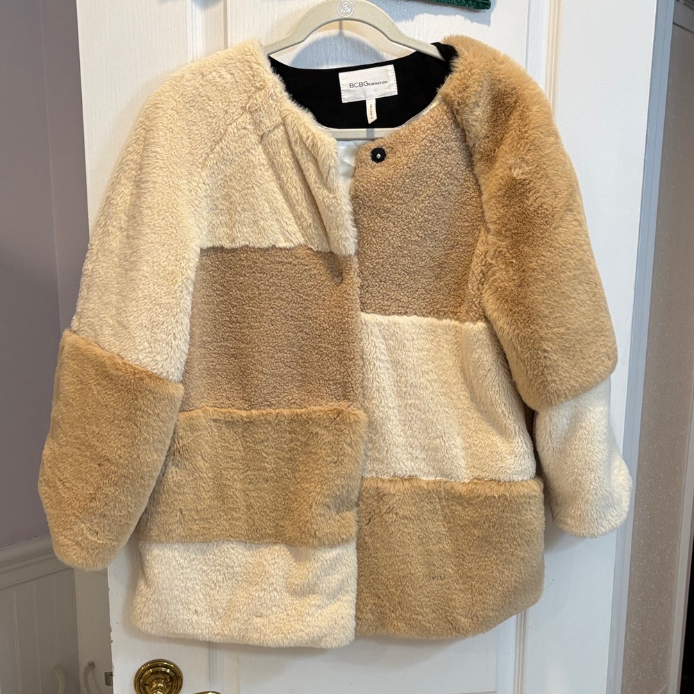 NWOT BCBGeneration Faux Fur Patchwork Jacket - Cream and Tan